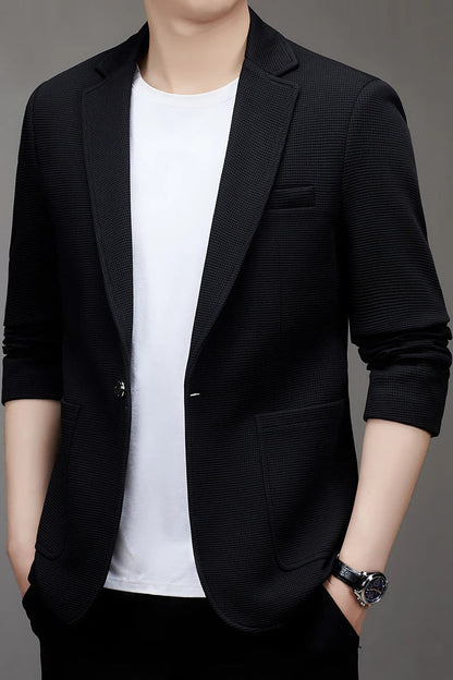 New men's suit jacket with non-stretch flat collar, waffle pattern, for business casual and fitted formal wear.