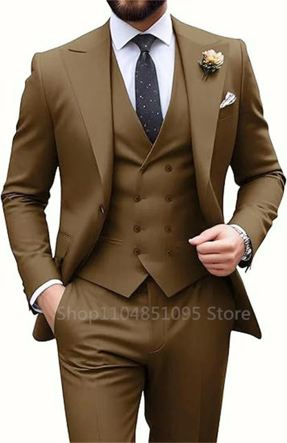 Costume de mariage beige 3 pièces pour homme, coupe slim, blazer, gilet et pantalon élégants, pour bal de promo ou cérémonie