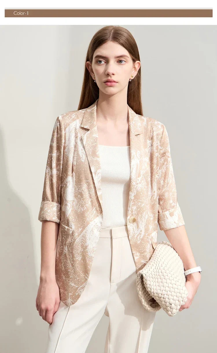 Minimalism Silk Blazers 2026 Summer Notched Printed Basic Fashion Jacket Three Quarter Women Office Lady Blouse 12452146