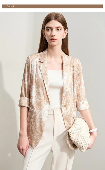 Minimalism Silk Blazers 2026 Summer Notched Printed Basic Fashion Jacket Three Quarter Women Office Lady Blouse 12452146