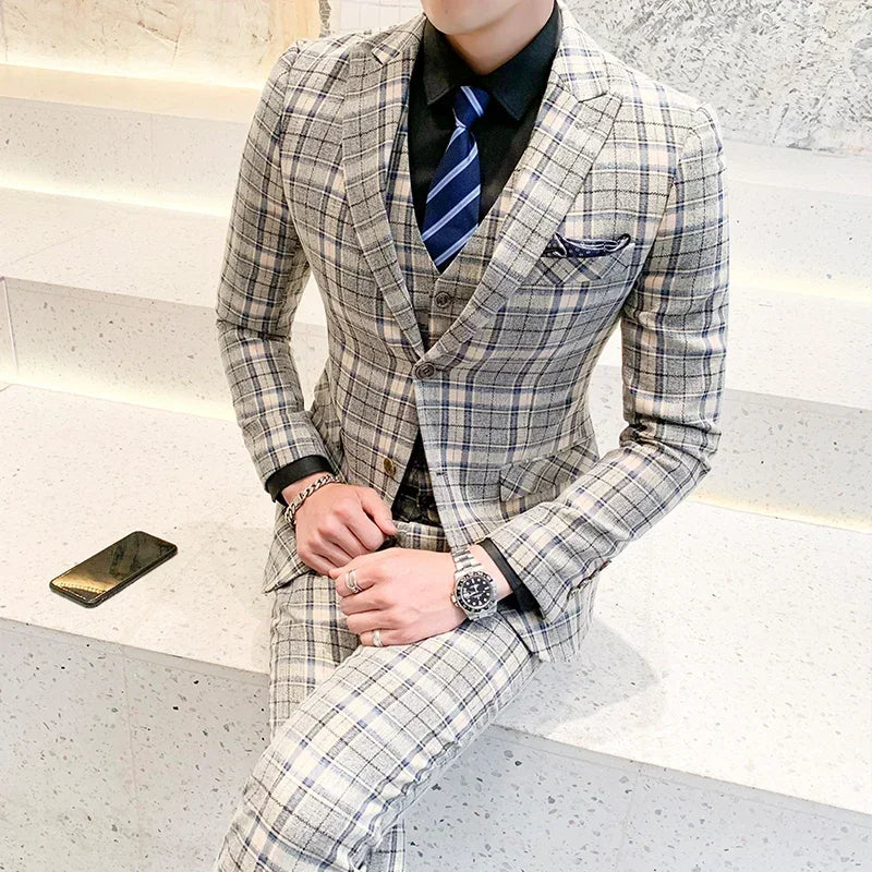 Men's 3-Piece Suit Slim Fit Single Breasted Wedding Business Blazer Set – Orange Red, Matcha Green, Light Yellow