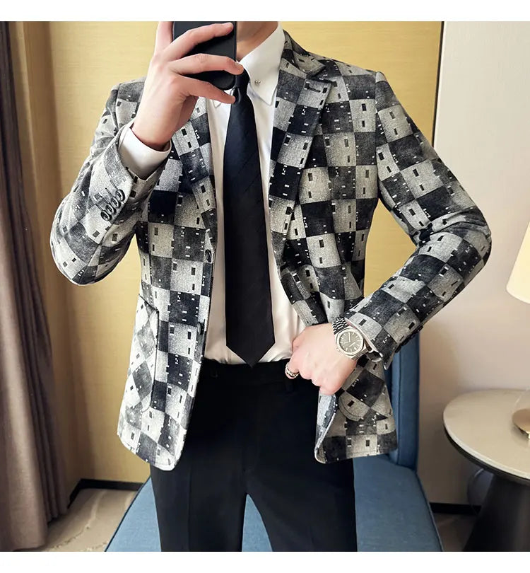 Korean Jacquard Denim Jacket for Men Autumn Winter Casual Business Men Blazers Slim Fit Wedding Social Dress Coat Men Clothing