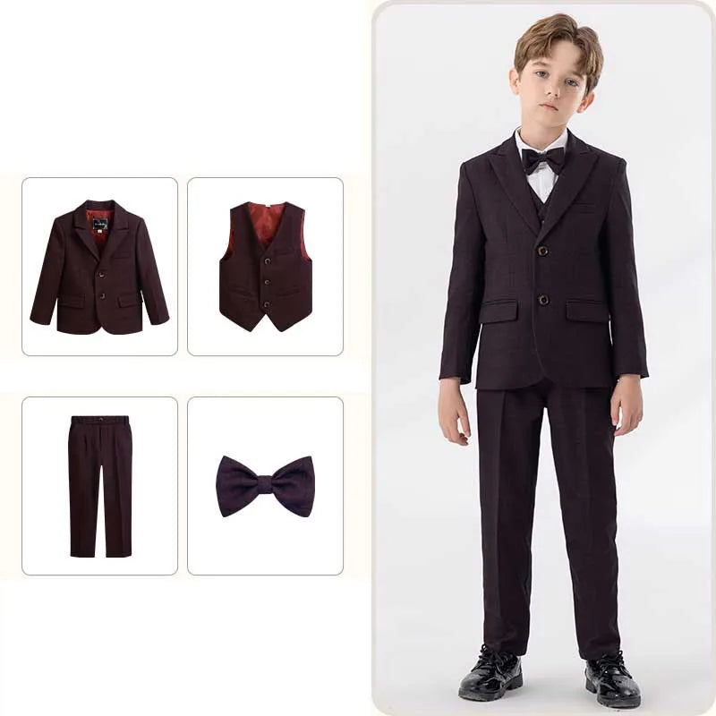 Children Navy Blue Spring 4Piece/Set Jacket Vest Pants Bowtie Piano Dress Kids Ceremony Photograph Suit Boys Performance Costume