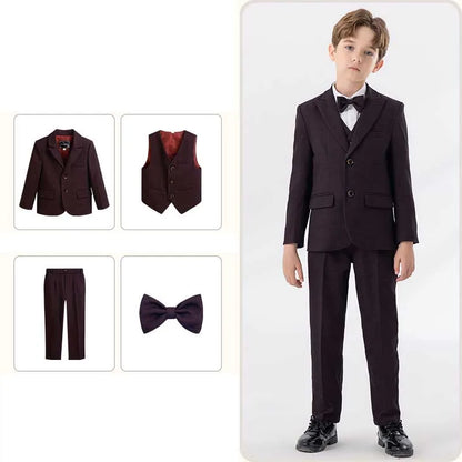 Children Navy Blue Spring 4Piece/Set Jacket Vest Pants Bowtie Piano Dress Kids Ceremony Photograph Suit Boys Performance Costume
