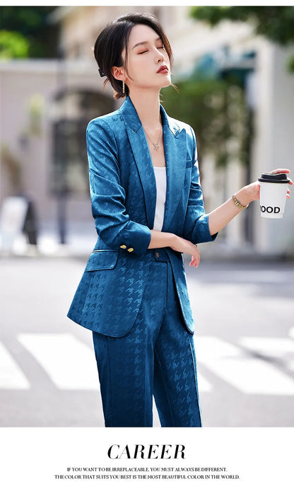 Fashion Ladies Formal Pant Suit Women Houndstooth Single Button Jacket And Trouser Female Business Work Wear 2 Piece Blazer Set