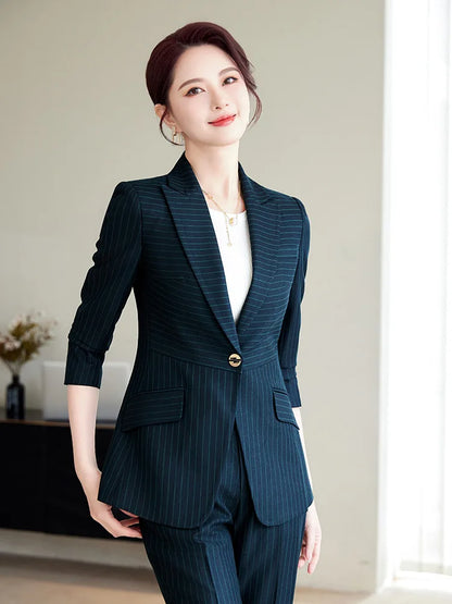 Caramel Green Striped Ladies Pant Suit 2025 Autumn Women Business Work Wear Single Button Jacket and Trouser Blazer 2 Piece Set