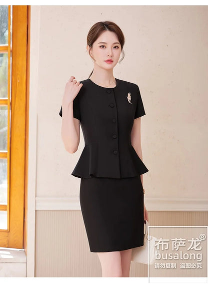 2025Summer Blue Short Sleeve Blazer Suit Professional Women's Skirt Set Short Skirt Elegant Fashion Formal Workwear