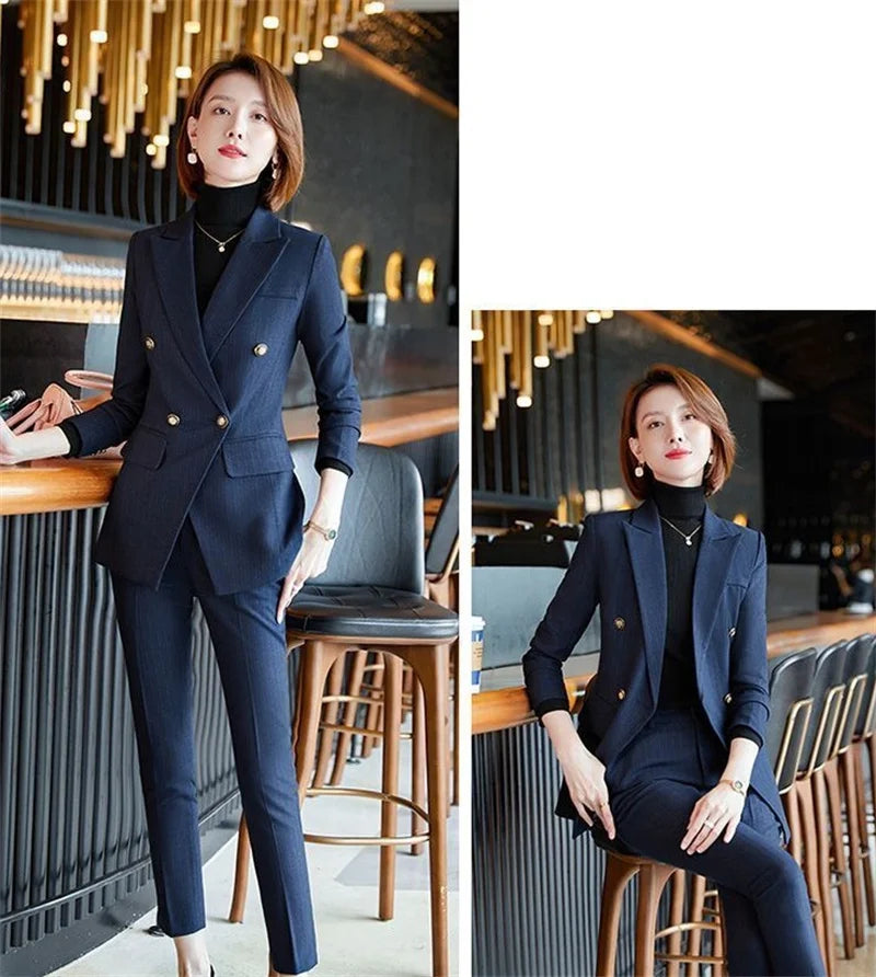 Elegant Office Ladies Two Piece Sets Womens Outifits 2025 New Double Breasted Long Sleeve Blazers Loose Casual Pant Suits