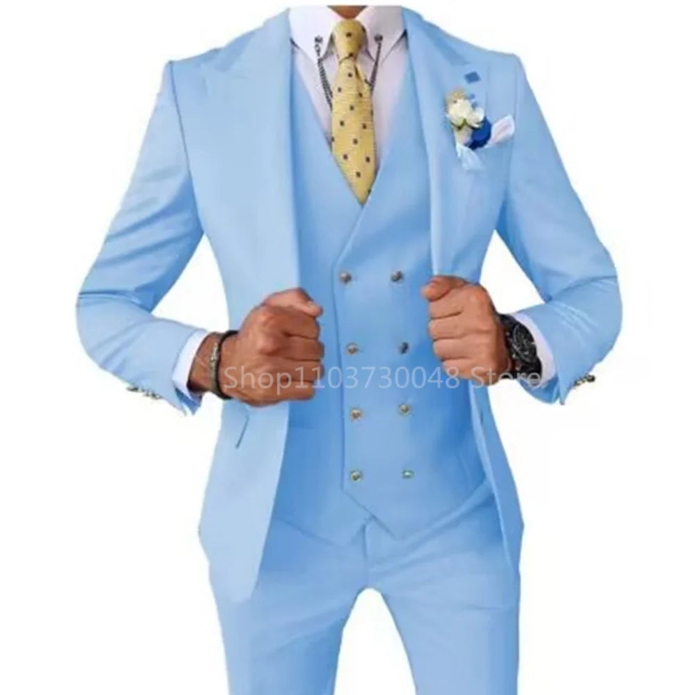 Smart Casual 3 Piece Peak Lapel Single Breasted Wedding Suit for Men Fashion Formal Best Man Groom Tuxedo Slim Fit Costume Homme