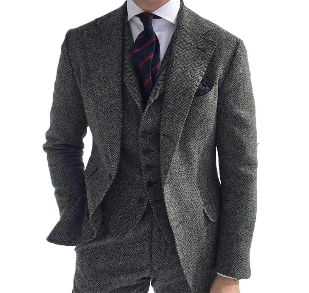 Costume d'Hiver Homme en Tweed de Laine Grise Motif Chevrons Coupe Slim Formel Smoking de Marié 3 Pièces pour Mariage (Veste+Gilet+Pantalon)