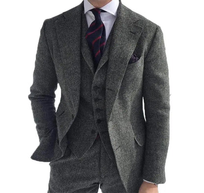 Costume d'Hiver Homme en Tweed de Laine Grise Motif Chevrons Coupe Slim Formel Smoking de Marié 3 Pièces pour Mariage (Veste+Gilet+Pantalon)