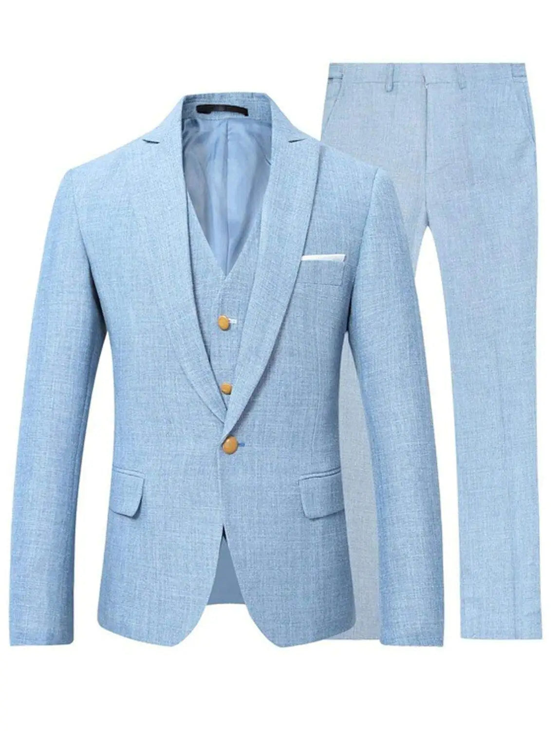 Blue/Beige Linen Men Suits Peak Lapel Slim Fit One Gold Button Blazer Vest Pants Groom Tuxedos Wedding Prom Dinner 3 Piece Set