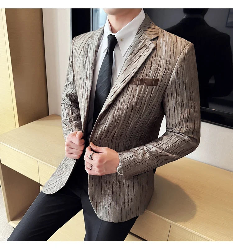 Korean Trend 3D Pleated Suit Jacket for Men Wedding Groom Business Dress Jacket Casual Banquet Party Host Blazer Masculino