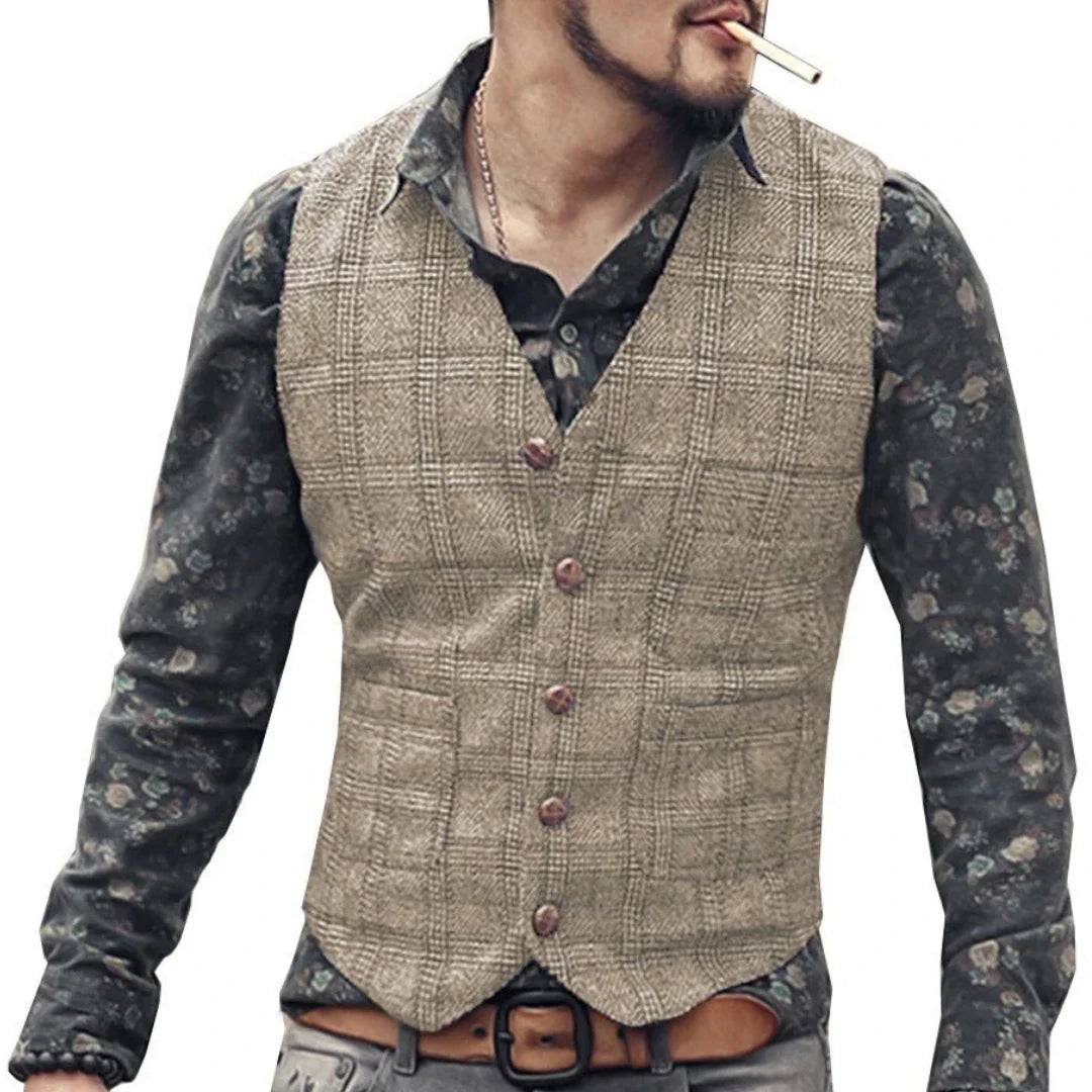 Men's Vest Gray Checkered Single Button V-Neck Waistcoat for Wedding & Business