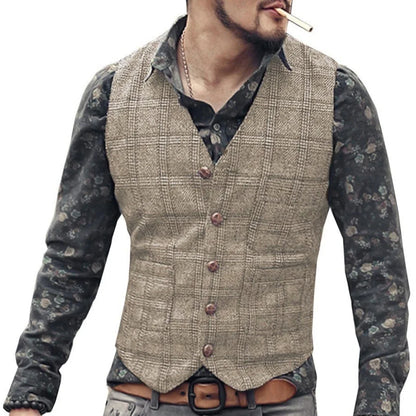 Men's Vest Gray Checkered Single Button V-Neck Waistcoat for Wedding & Business