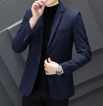 Men's Winter Cotton-Padded Thick Double-Breasted Casual Blazer Korean Style Trendy Solid Color Dark Blue Black Suit Jacket