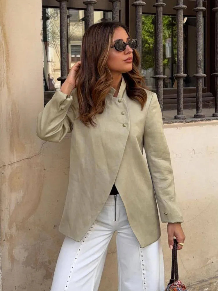 Women New Fashion Single Breasted Long Sleeves Stand Collar Blazer Solid Casual Loose Commuter Coat Woman High Street Jacket