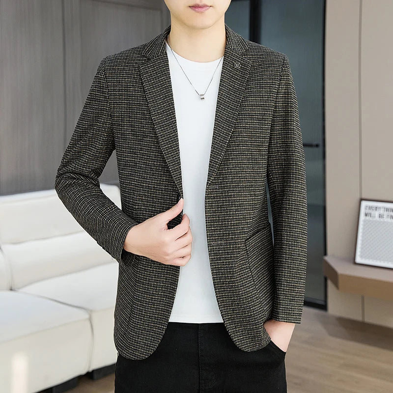 Men's Blazer Slim Fit Korean Style Single Breasted Smart Casual Black Khaki Spring Autumn