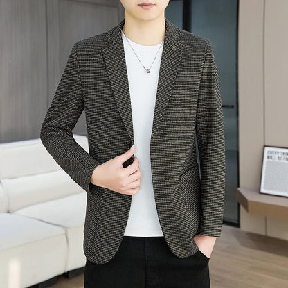 Men's Blazer Slim Fit Korean Style Single Breasted Smart Casual Black Khaki Spring Autumn