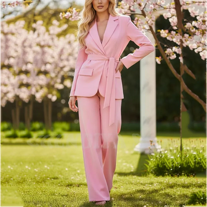 Classy Pink Women Suit Two Piece(Jacket+Pants) Notched Lapel Fashion Clothes with Belt Modern Fashion Daily Casual Outfit
