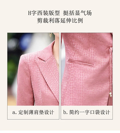 Chinese style Spring Summer Women Elegant Office Work Three Quarter Blazer Tops And Flare Pant Fashion Oversize Two Piece Suits