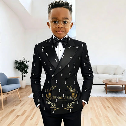 Boy's Suits 2 Pieces Black Beads Crystals Slim Fit Double Breasted Boy's Outfit Wedding Party Flower Children Sets（Blazer+Pants)