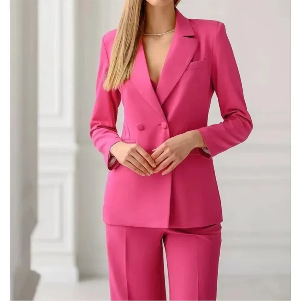 Luxury Women's Blazer 2 Piece Jacket Pant Double Breasted Notch Lapel Slim Fit Blazer Elegant Office Lady