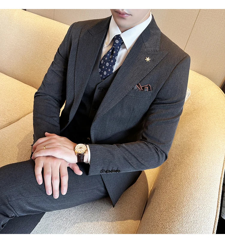 (Blazer + Vest + Trousers) 2024 New Men Formal Business Solid Suit 3 Pieces Set Italian Style Luxury Wedding Social Party Tuxedo