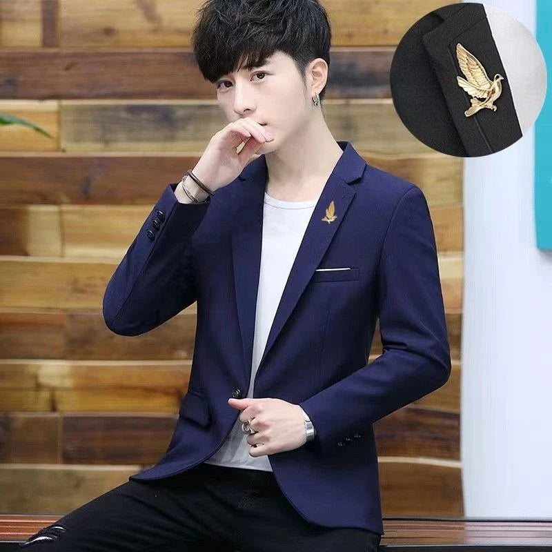 Men's Winter Cotton-Padded Thick Double-Breasted Casual Blazer Korean Style Trendy Solid Color Dark Blue Black Suit Jacket