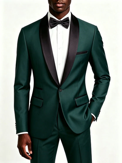Men's 2-Piece Slim Fit Tuxedo Suit – Black Satin Shawl Lapel for Wedding, Prom & Formal Events