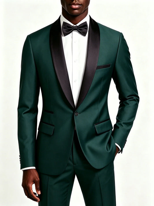 Men's 2-Piece Slim Fit Tuxedo Suit – Black Satin Shawl Lapel for Wedding, Prom & Formal Events