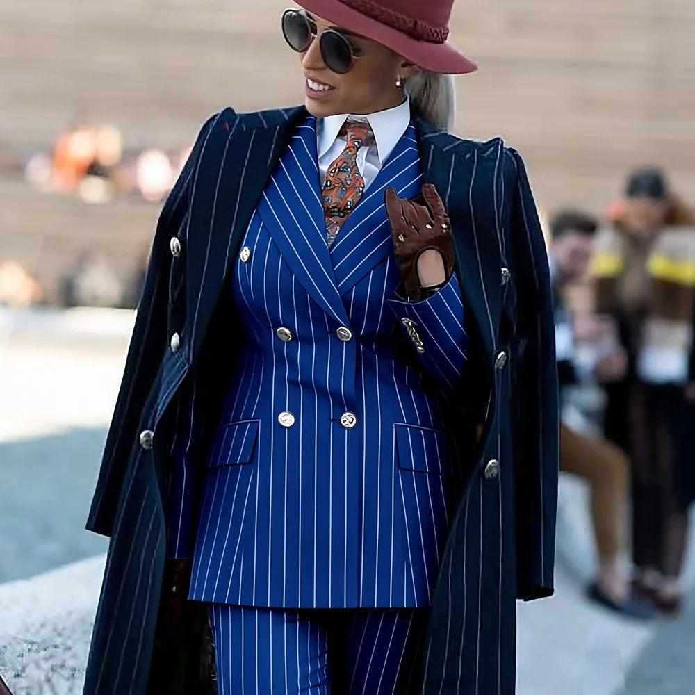 Formal Women's Burgundy Pinstripe Suit with Navy Blue Striped Coat Double Breasted 3Piece Set Elegant Evening Party Outerwears