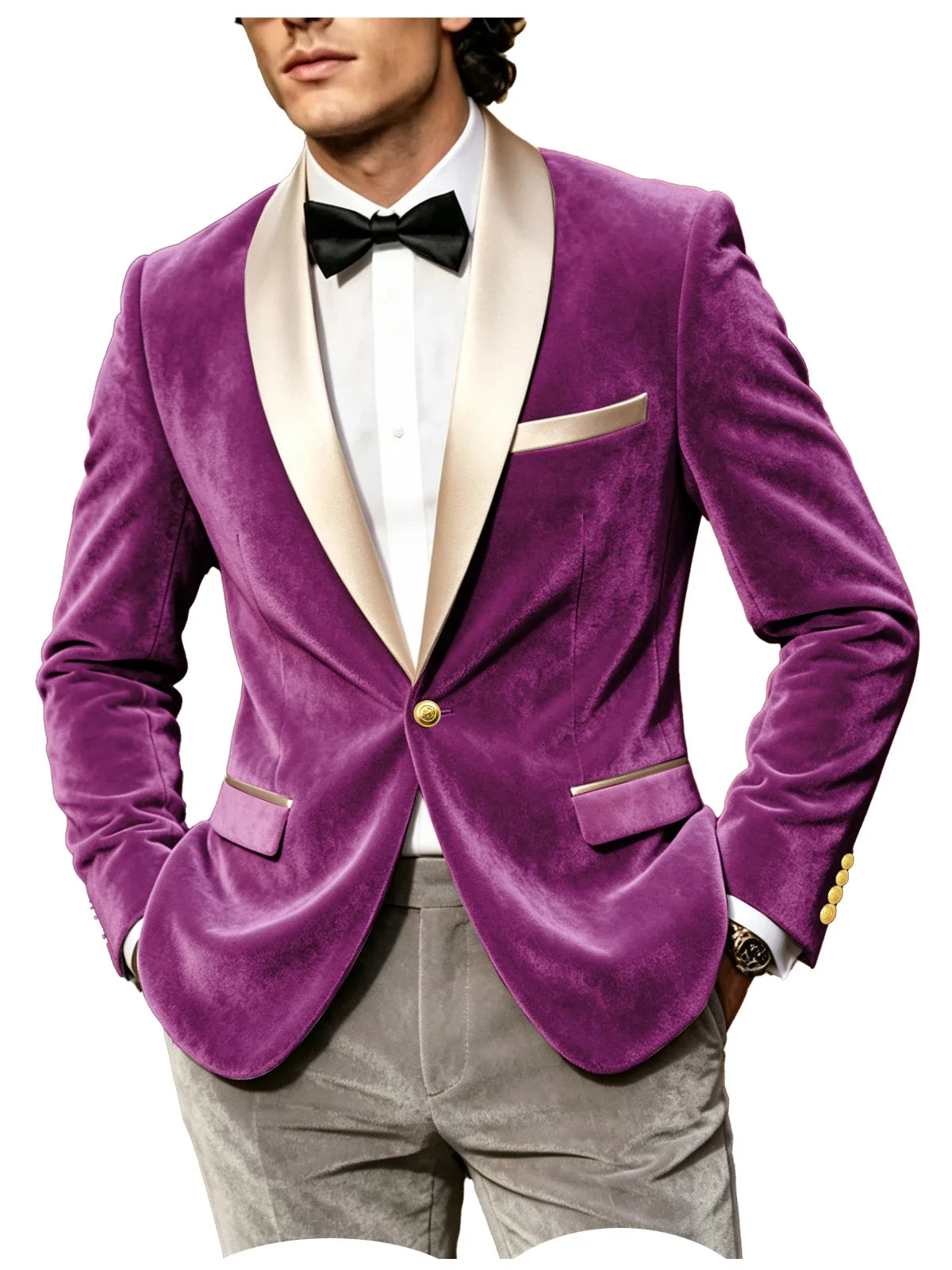 Men Velvet Tuxedo Jacket Champagne Satin Shawl Lapel Slim Fit Blazer Wedding Groom Party Prom Formal Western Dinner Suit Coat