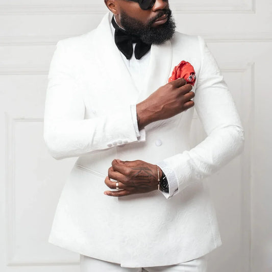 Men Suit White 2 Pieces Floral Pattern Double Button Lapel For Wedding Birthday Banquet Party Business Work Office Jacket Pants