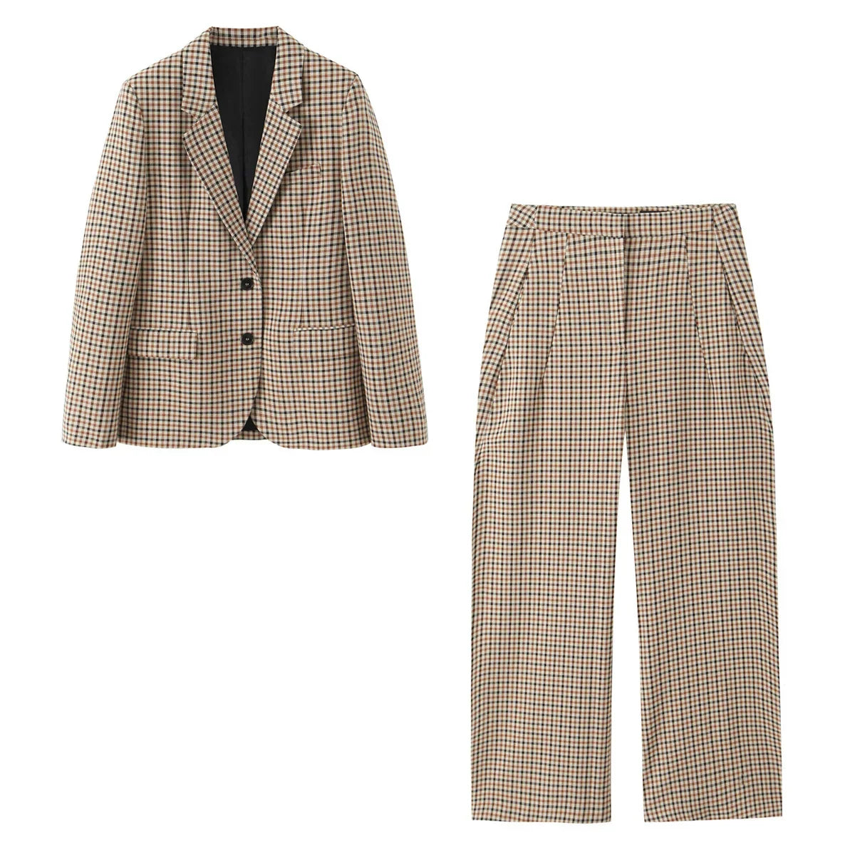 Stylish Plaid Pant Suits for Women New in Commuting Style Two Pieces Straight Plaid Blazer Matching Tonal Pleated Wide Leg Pants