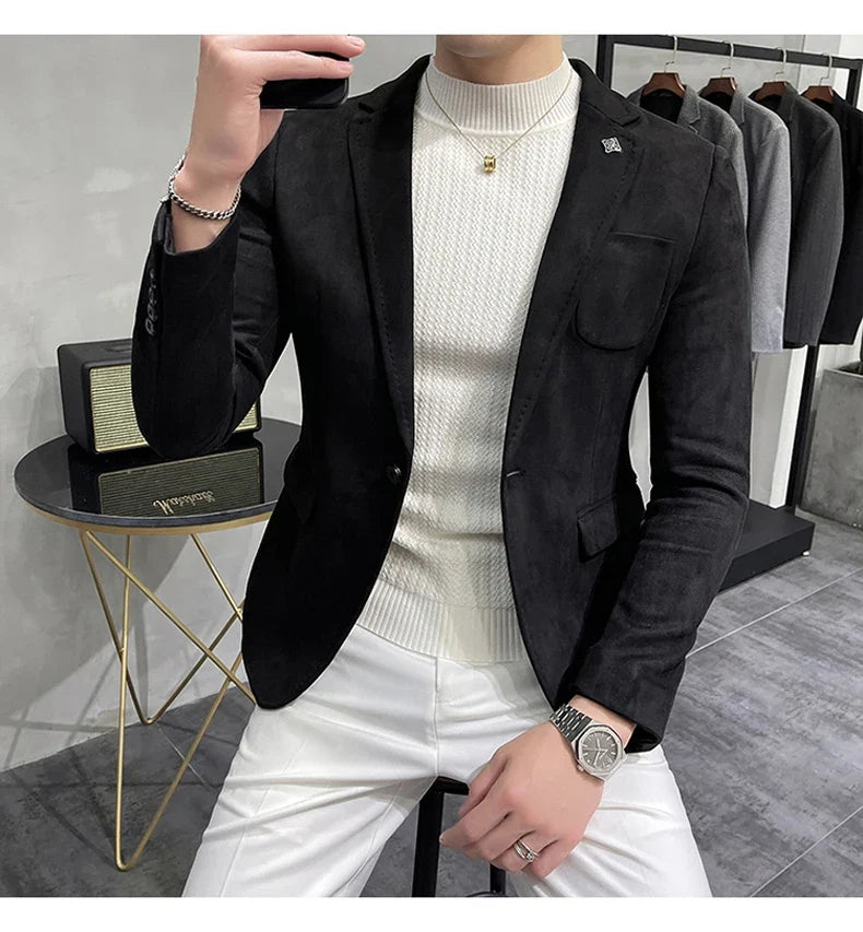 2023 Spring Suede Suit Jacket Men Casual Business Slim Fit Blazer Deerskin Leather Jacket Men Wedding Street Wear Social Coat