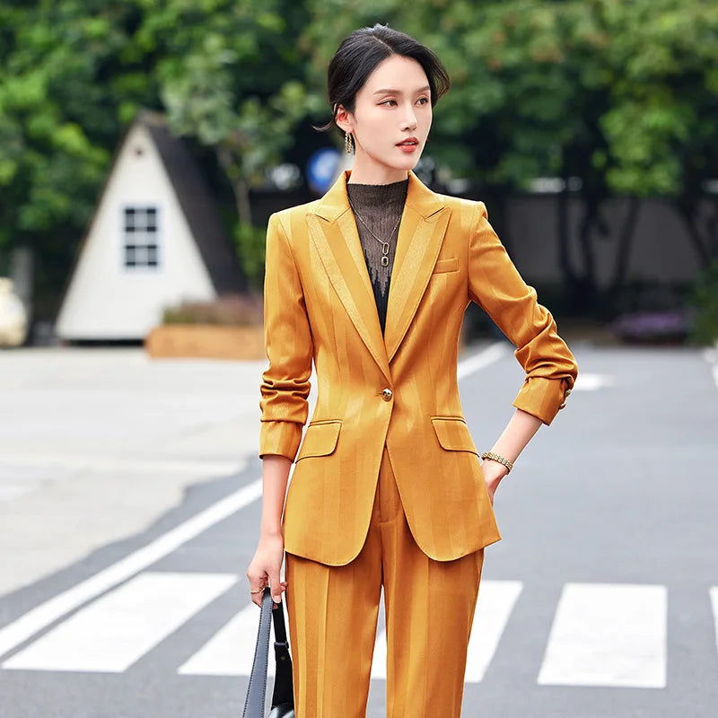 Women Blazer Pants Sets Yellow Two Pieces 2024 Autumn Workwear Trousers Formal Striped Navy Blue Long Sleeve Tops Pantsuit