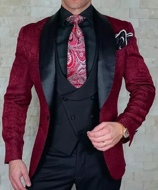 Burgundy Wedding Men Suits Slim Fit Tuxedo 3 Pieces Suit Groom Prom Jacquard Blazer Terno Masculino Suit