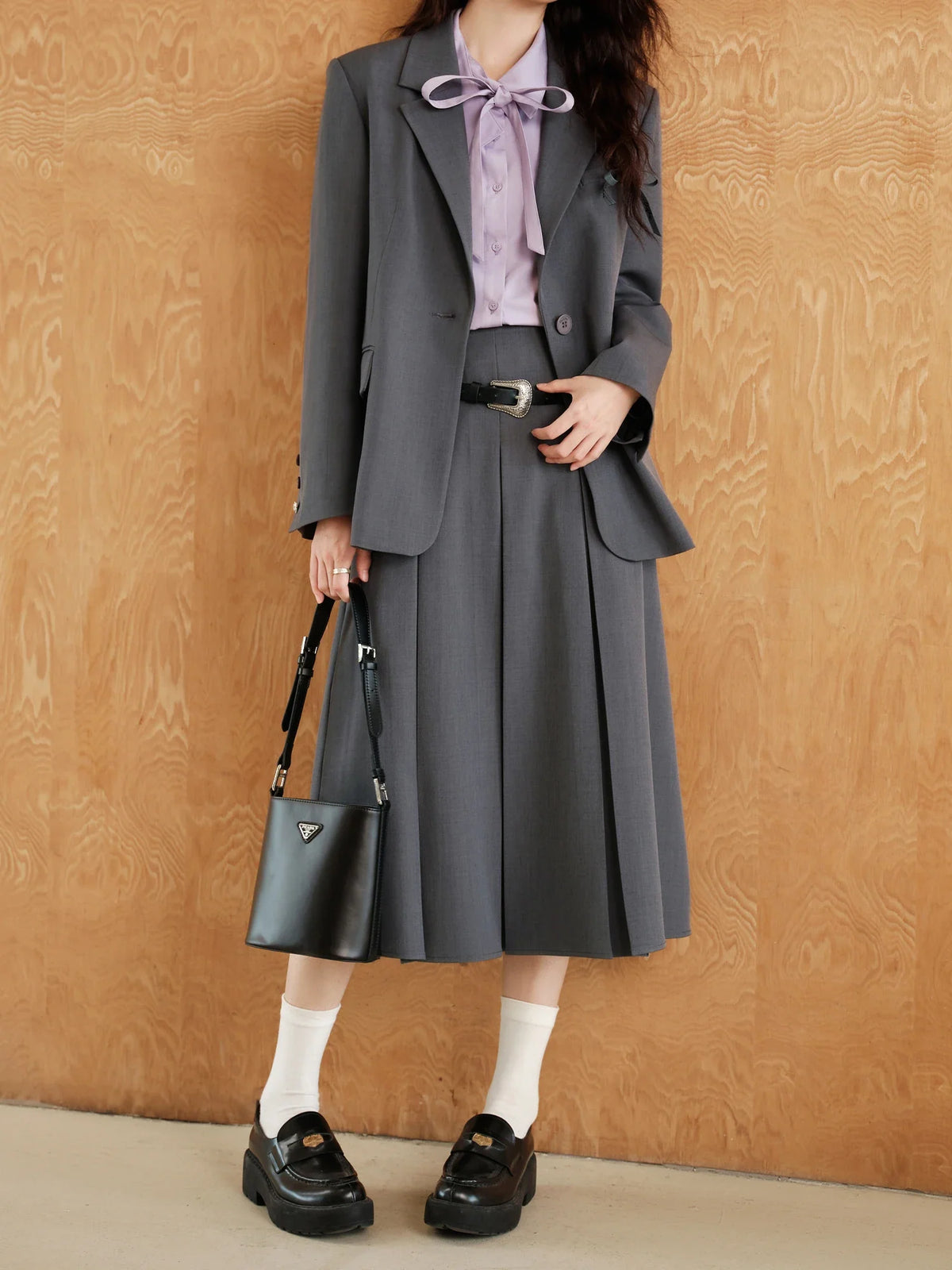 Plus Size Dark Gray Blazer Skirt Suit Office Outfit 2024 Autumn New Design Lapel Elegant Dress Skirt Female Suit（No Belt）