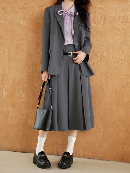 Plus Size Dark Gray Blazer Skirt Suit Office Outfit 2024 Autumn New Design Lapel Elegant Dress Skirt Female Suit（No Belt）