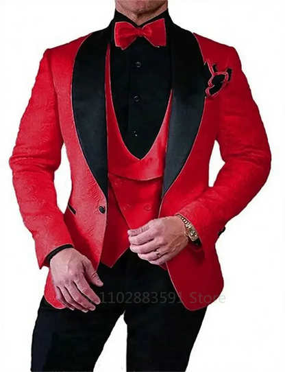 Black Jacquard Wedding  Party Tuxedo For Groom Wedding Shawl Lapel 3 Pieces Slim Fit Mens Suits Male Waistcoat Vest Pants