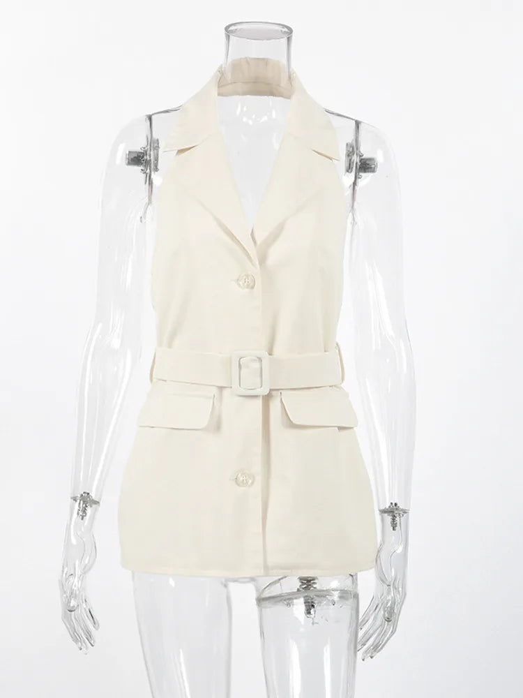 Women Solid Halter Neck Sleeveless Linen Blend Blazer Vest Waist Belted Single Button Longline Office Casual Top 2026