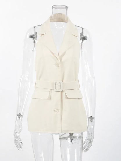 Women Solid Halter Neck Sleeveless Linen Blend Blazer Vest Waist Belted Single Button Longline Office Casual Top 2026