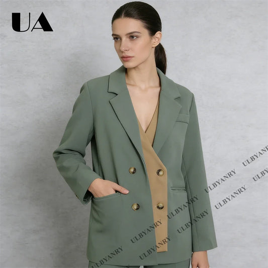 Women’s  Color Block Blazer Double - Breasted Vintage Suit Business Work Casual Chic Jacket