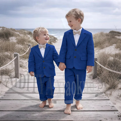 Beige Linen 2 Pieces Boys Suit Jacket Pants Kids Ring Bearer Outfit Breathable Summer Beach Wedding Birthday Party Costume