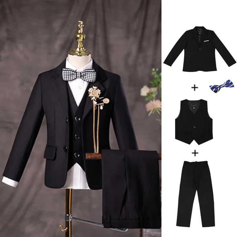 Flower Boys Black Wedding Suit Kids Jakcet Vest Pants 3PC Formal Birthday Set Children Graduation Photograph Performance Costume