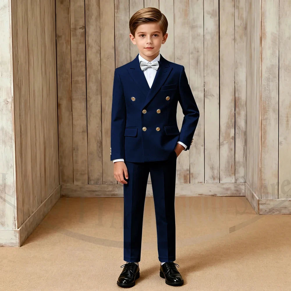 Chic Boys Suit Fashion Double Breasted Peak Lapel Wear Formal Wedding Party Prom Kids Elegant Gentleman Outfit 2 Piece Set