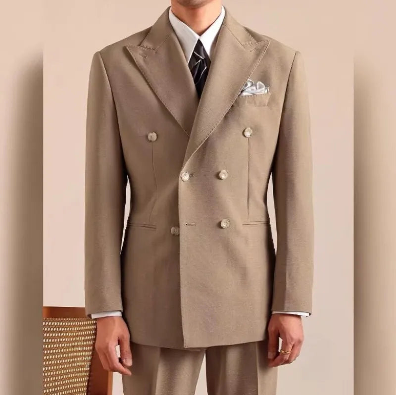 Men Gentleman Style Business Casual Blazers Suits Two Button Double Breasted Jacket Match Set Slim Fit Full Length Pant Outfits