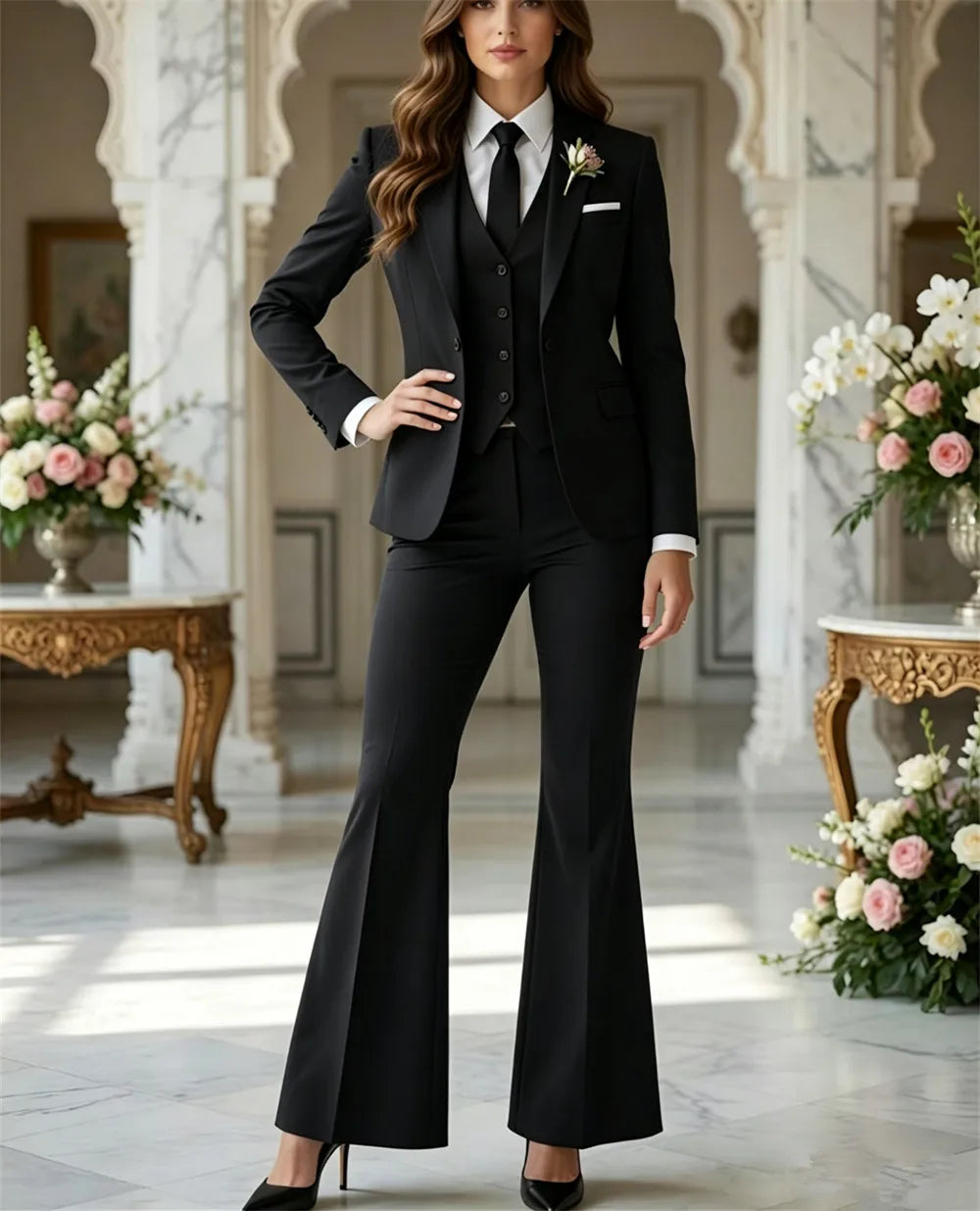 Navy Blue 3 Piece Suit Women Trauanzug Damen Costume Femme Bleu Tuxedo Flared Pantsuit 70s Retro Vintage Bridal