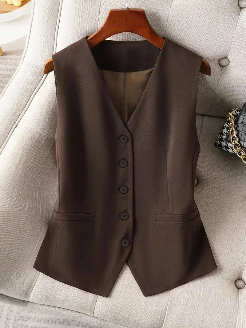 Vintage Inspired Women's Waistcoat Retro Brown V-Neck Slim Fit Suit Vest for a Classic Look，Office & Business Casual